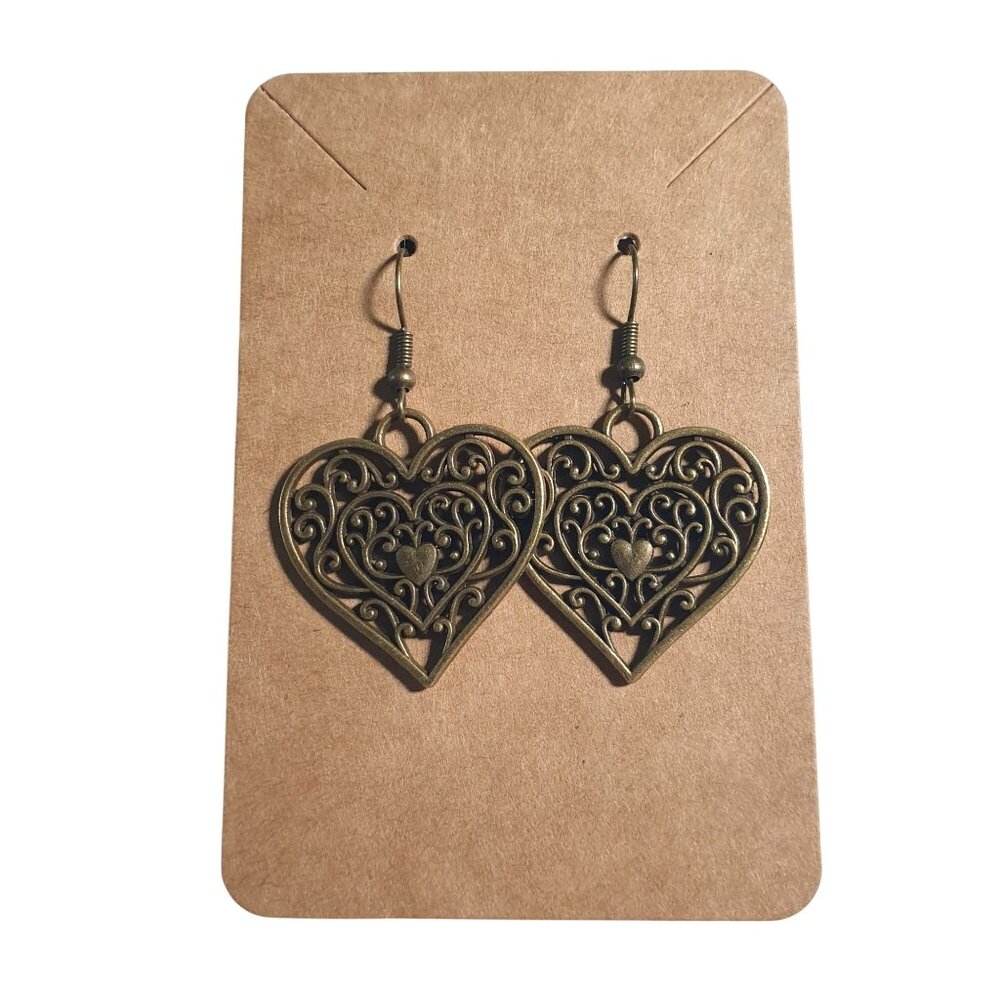 Bronze Filigree Heart Drop Earrings Romantic Scroll Boho Style Jewelry Valentine